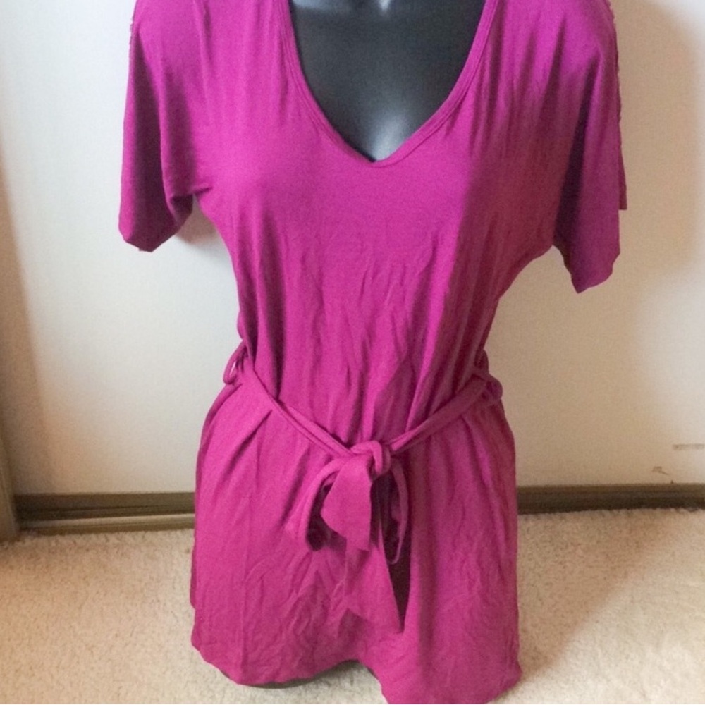 Women's V-Neck Belted Blouse - Pink